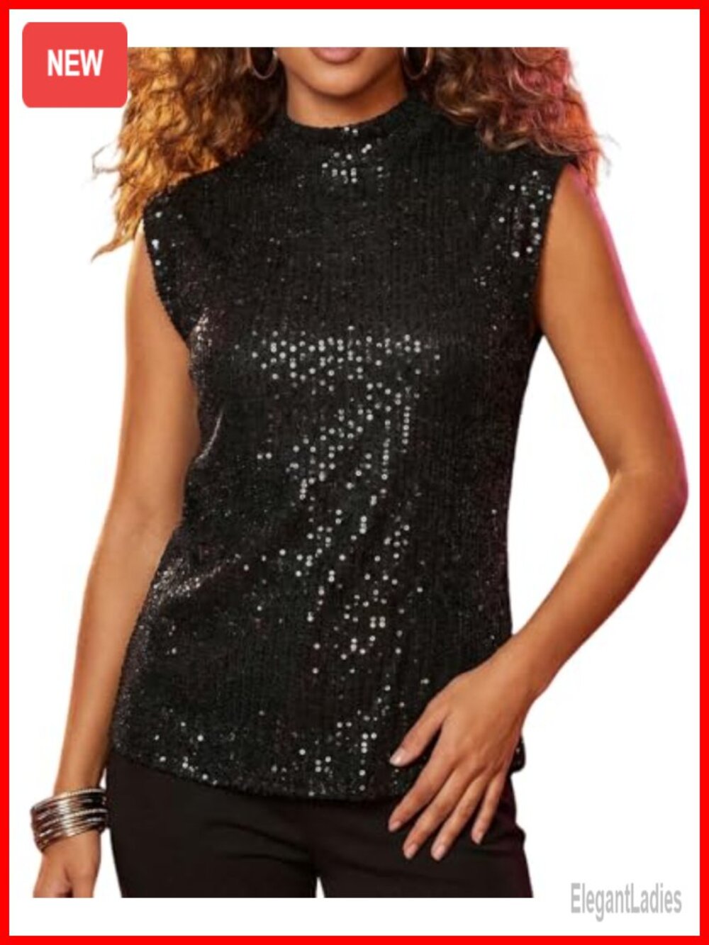 Sequin Mock Neck Sleeveless Tank Top